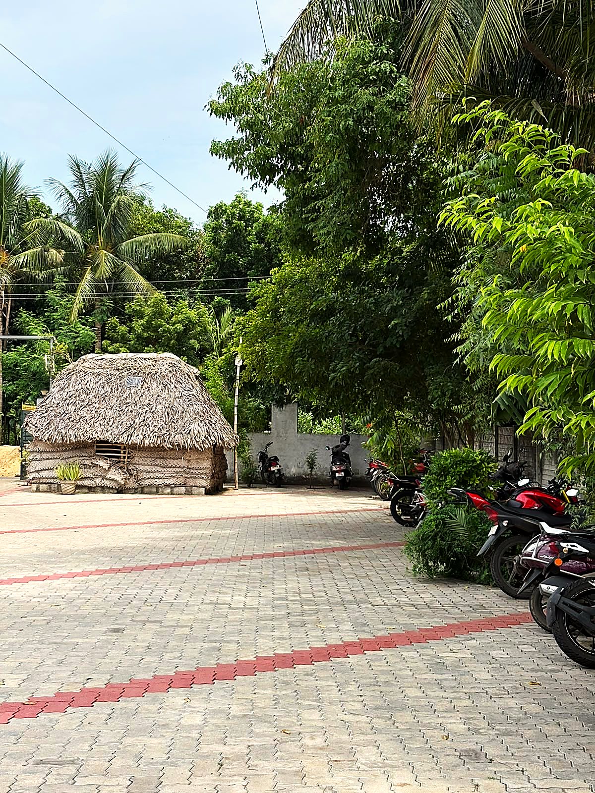 The paved forecourt with a thatched hut to one side and rows of parked motorcycles under the trees.